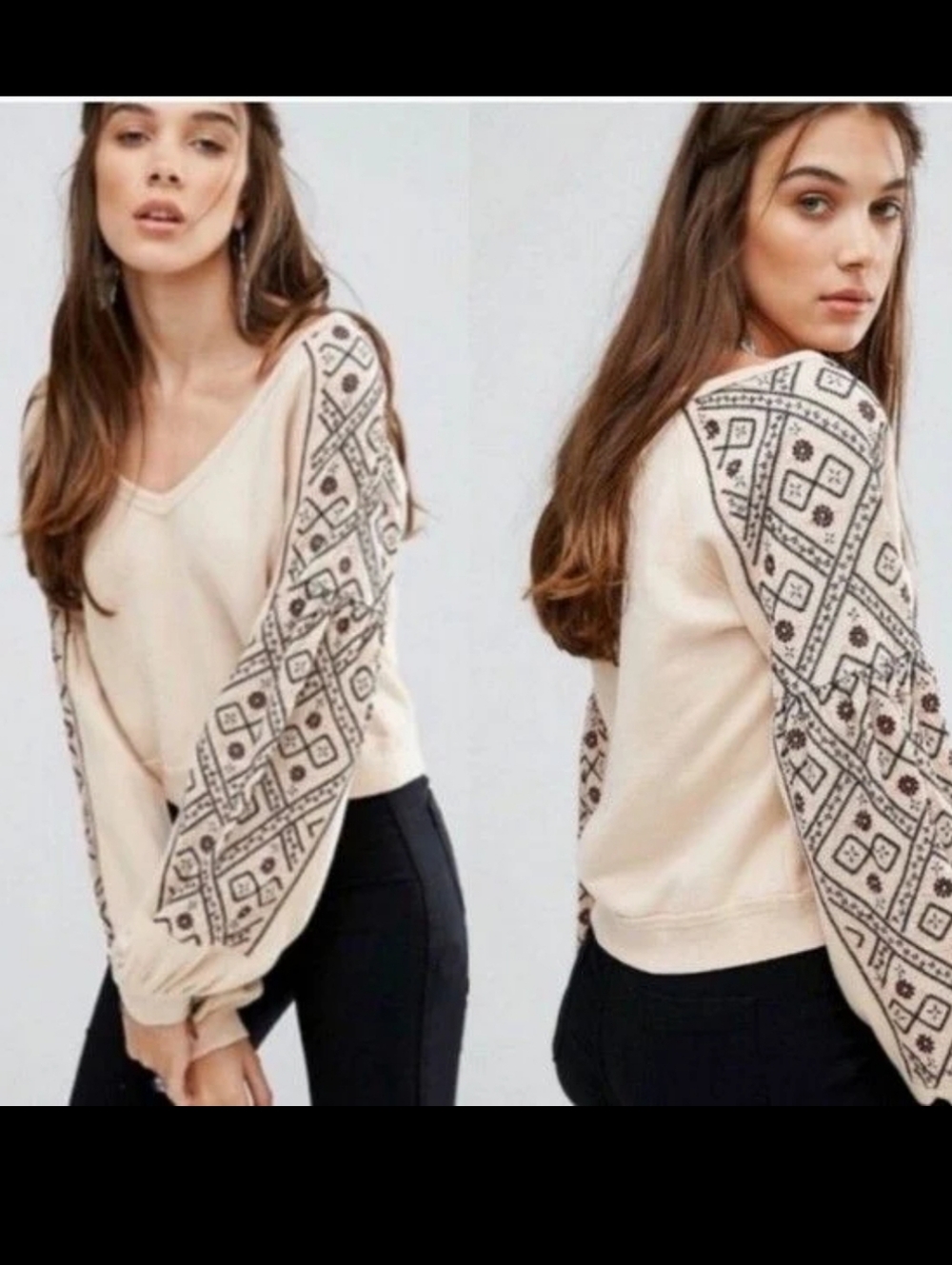 Free People Senorita Embroidered Puff Sleeve V-neck Sweatshirt - Cotton Pink